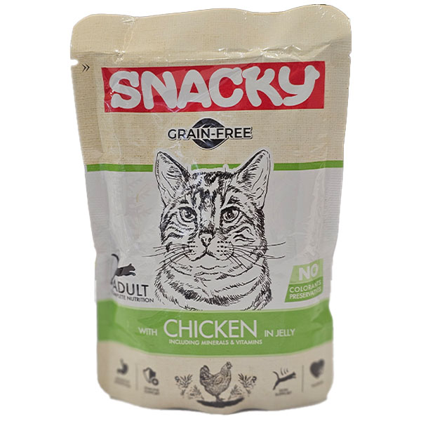 پوچ گربه بالغ بدون غلات طعم مرغ 85 گرمی Snacky
